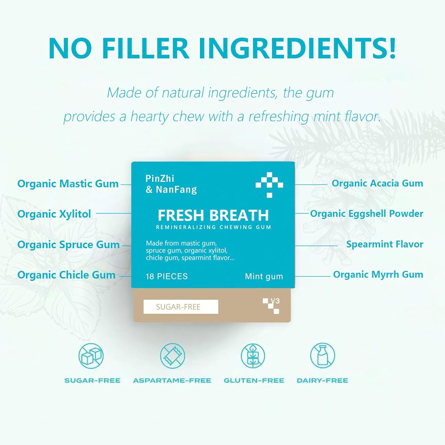 Yukviqou Remineralizing Chewing Gum, Organic Natural Mastic Mint Gum Sugar-Free Fresh Breath for Enamel Care Teeth & Gum Health 4 Boxes