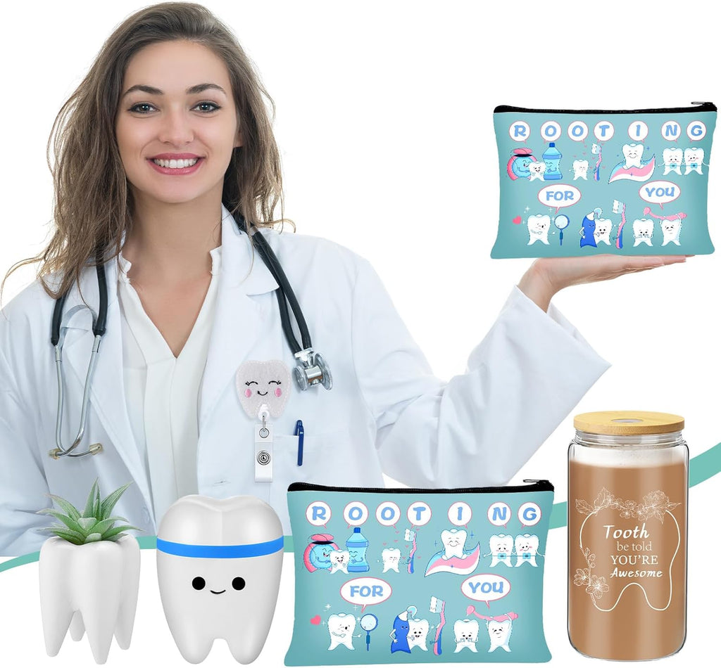 Pickmesh 6 Pcs Dental Gifts Dentist Assistant Hygienist Gifts 16 oz Glass Cups with Lid Makeup Bag Socks Badge Holder Tooth Brush Pot for Women Coworkers Doctor Nurse Christmas Accessories(Blue)