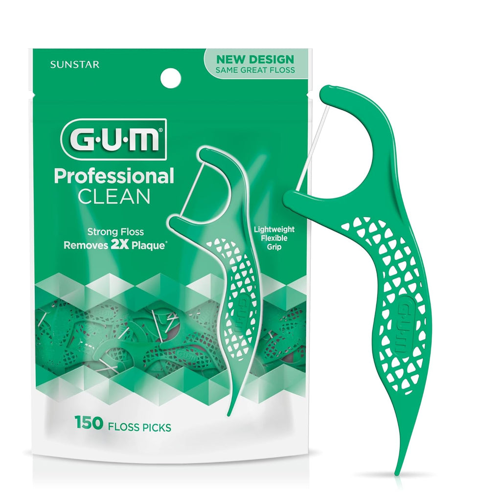 GUM Professional Clean Floss Picks - Extra Strong Shred-Resistant Floss, Easy Grip Handle - Dental Flossers for Adults - Fresh Mint Flavor, 150 Count