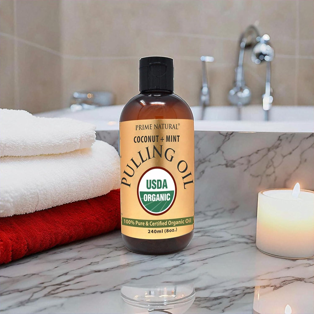PRIME NATURAL Oil Pulling with Organic Coconut & Organic Peppermint Oil 8oz | Cocomint | Natural Oral Care & Teeth Whitening | Alcohol Free Mouthwash Freshens Breath, Healthier Teeth & Gums