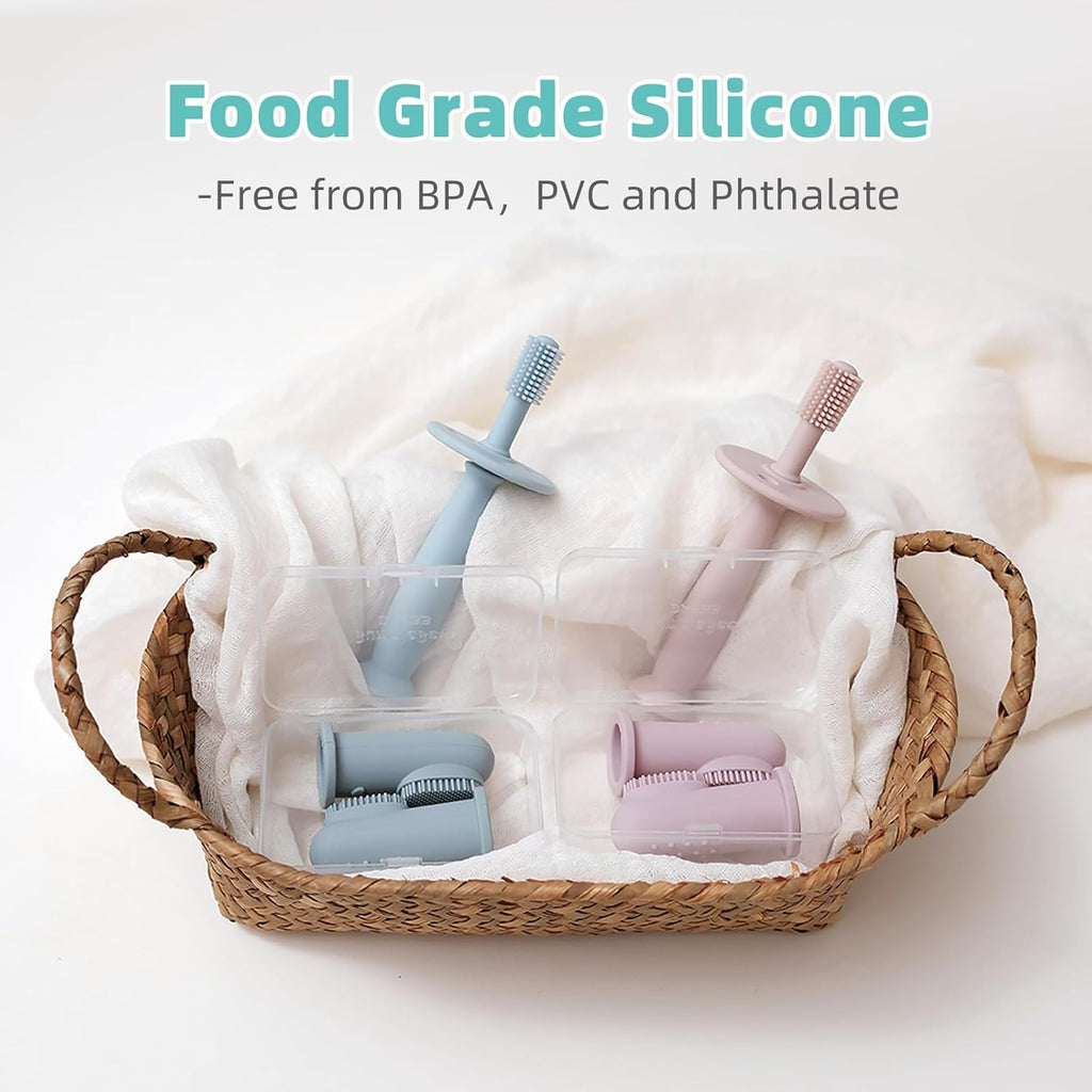 BumbleBee 360° Silicone Toothbrush & Finger Toothbrush Set - Soft Silicone Toothbrush for Baby, Infant Toddler - Baby Training Toothbrush Set Oral Care Kit - Misty Blue