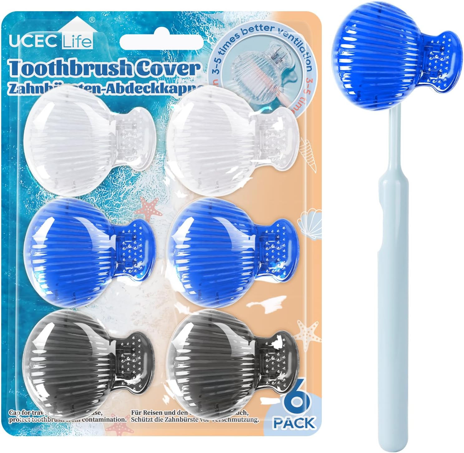 UCEC Toothbrush Caps, Protector Head Covers Case Plastic Clip for Travel, Camping, Bathroom, School, Business, 6 Pack