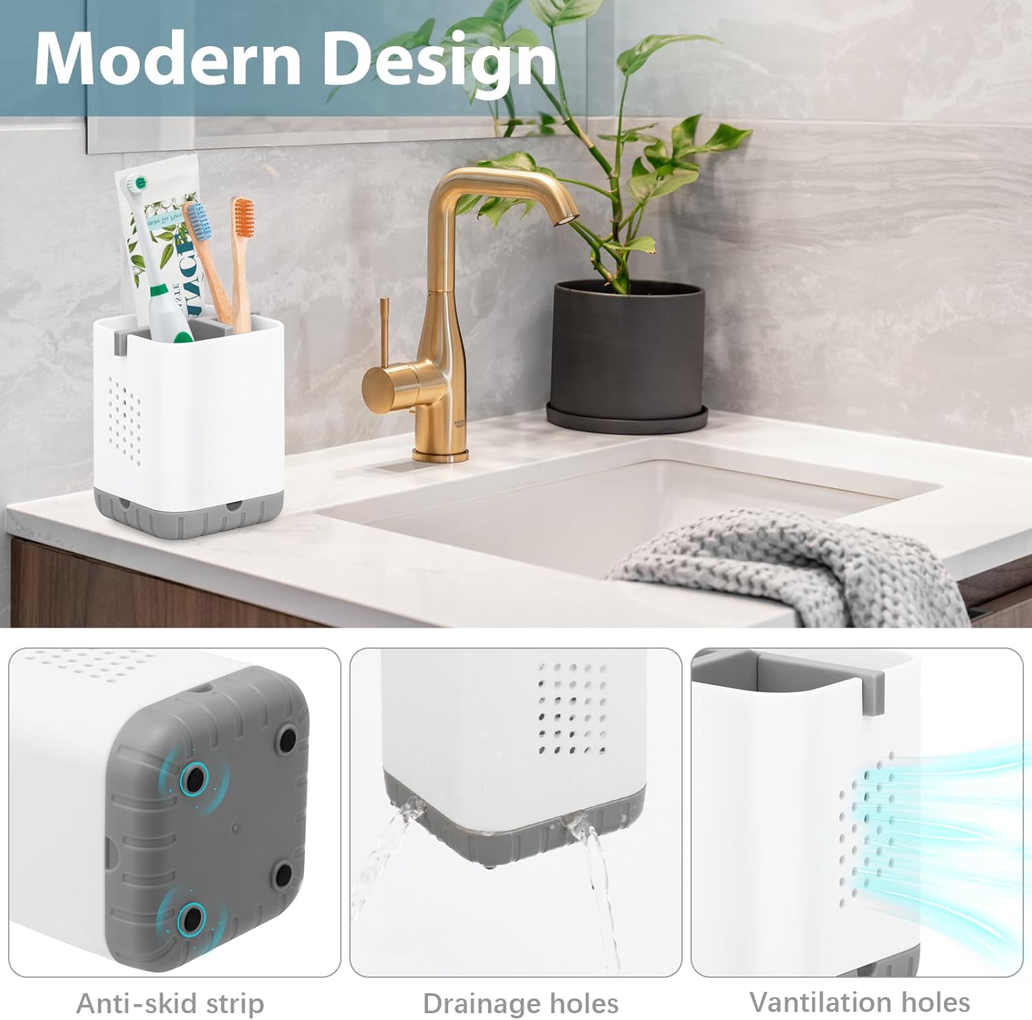 Boperzi Toothbrush Holders for Bathrooms, Detachable Electric Toothbrush Holder, Kids Toothbrush Holder Drainage, 3 slot Toothbrush and Toothpaste Holder Storage Caddy, Toothbrush Organizer White/Grey