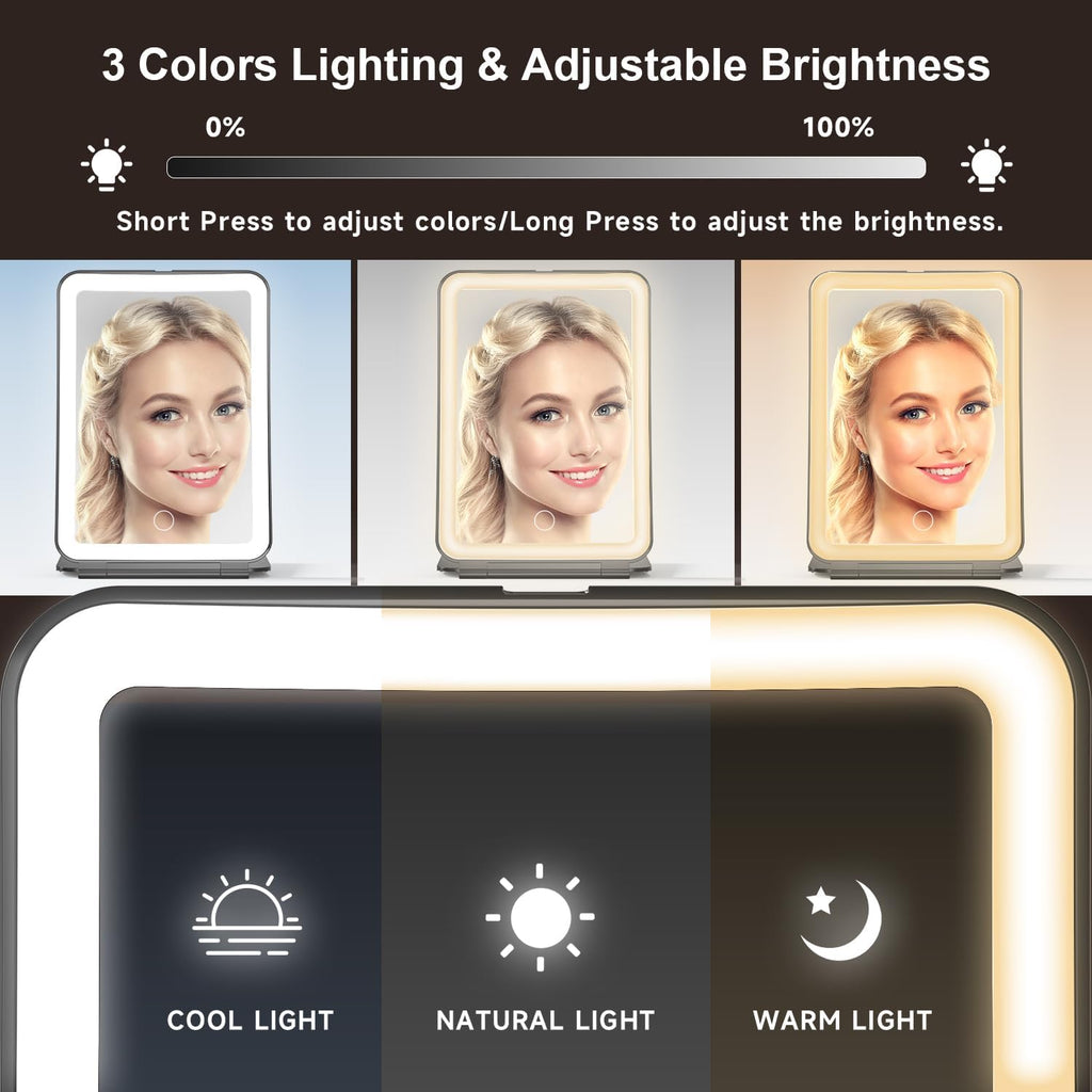Mocado Travel Makeup Mirror with Light, 1x/10x Magnifying Mirror with Light, 3 Colors Lighted Magnifying Mirror, 2000mAh Rechargeable Lighted Makeup Mirror, Dimmable Touch, Memory Function (Black