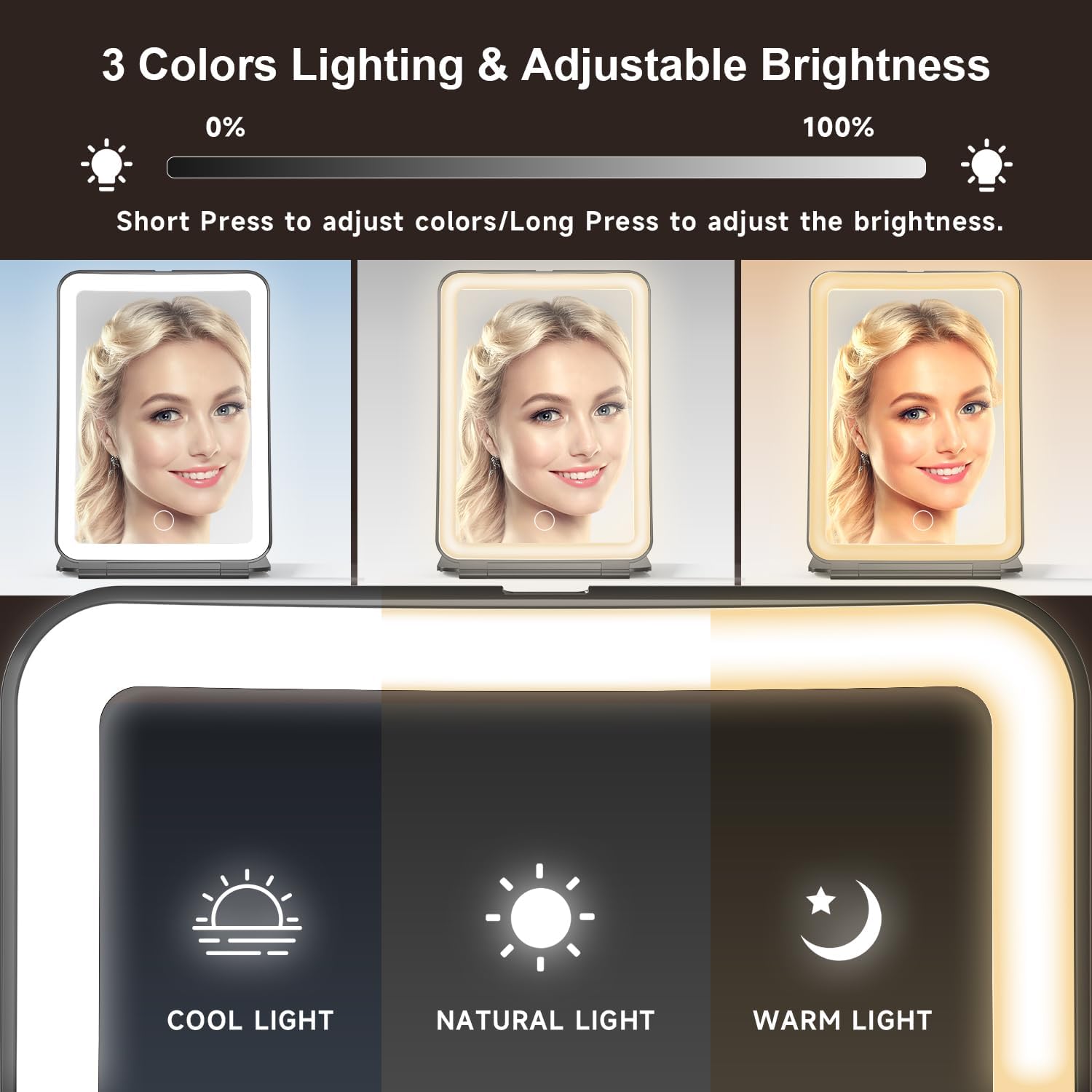 Mocado Travel Makeup Mirror with Light, 1x/10x Magnifying Mirror with Light, 3 Colors Lighted Magnifying Mirror, 2000mAh Rechargeable Lighted Makeup Mirror, Dimmable Touch, Memory Function (Black