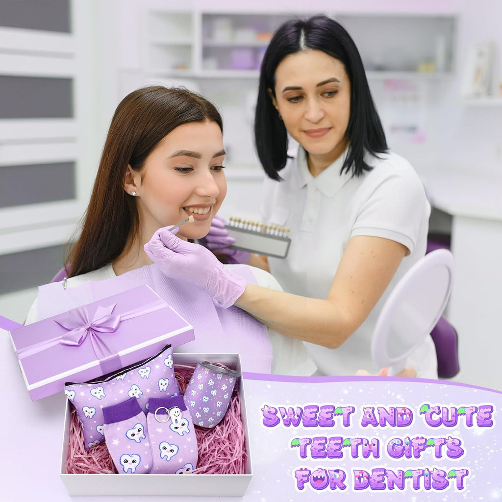 Sliner 4 Pcs Dental Assistant Gifts Set 12 oz Purple Teeth Stainless Steel Tumbler Cosmetic Bag Tooth Shape Keychain Novelty Tooth Sock Dental Hygienist Gifts for Nurse Dentist Christmas Graduation