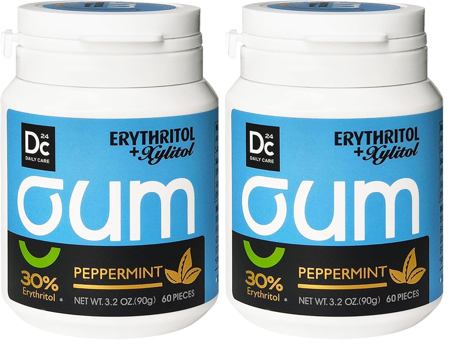 DC24 DAILY CARE Xylitol Chewing Gum with Erythritol, Aspartame Free & Sugar Free Gum, Low-Calorie, Sugarless, Natural Peppermint, 60 Pieces (Pack of 2)