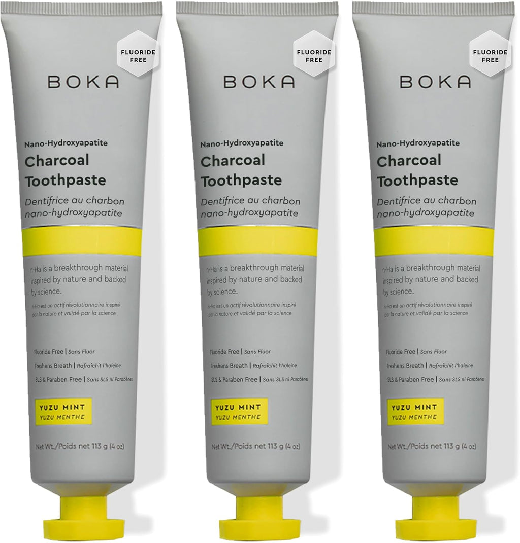 Boka Fluoride Free Toothpaste, Nano Hydroxyapatite Toothpaste, Appropriate for Sensitive Teeth - for Adult, Kids Oral Care - Charcoal Yuzu Mint Flavor, 4 Fl Oz 3Pk US Manufactured