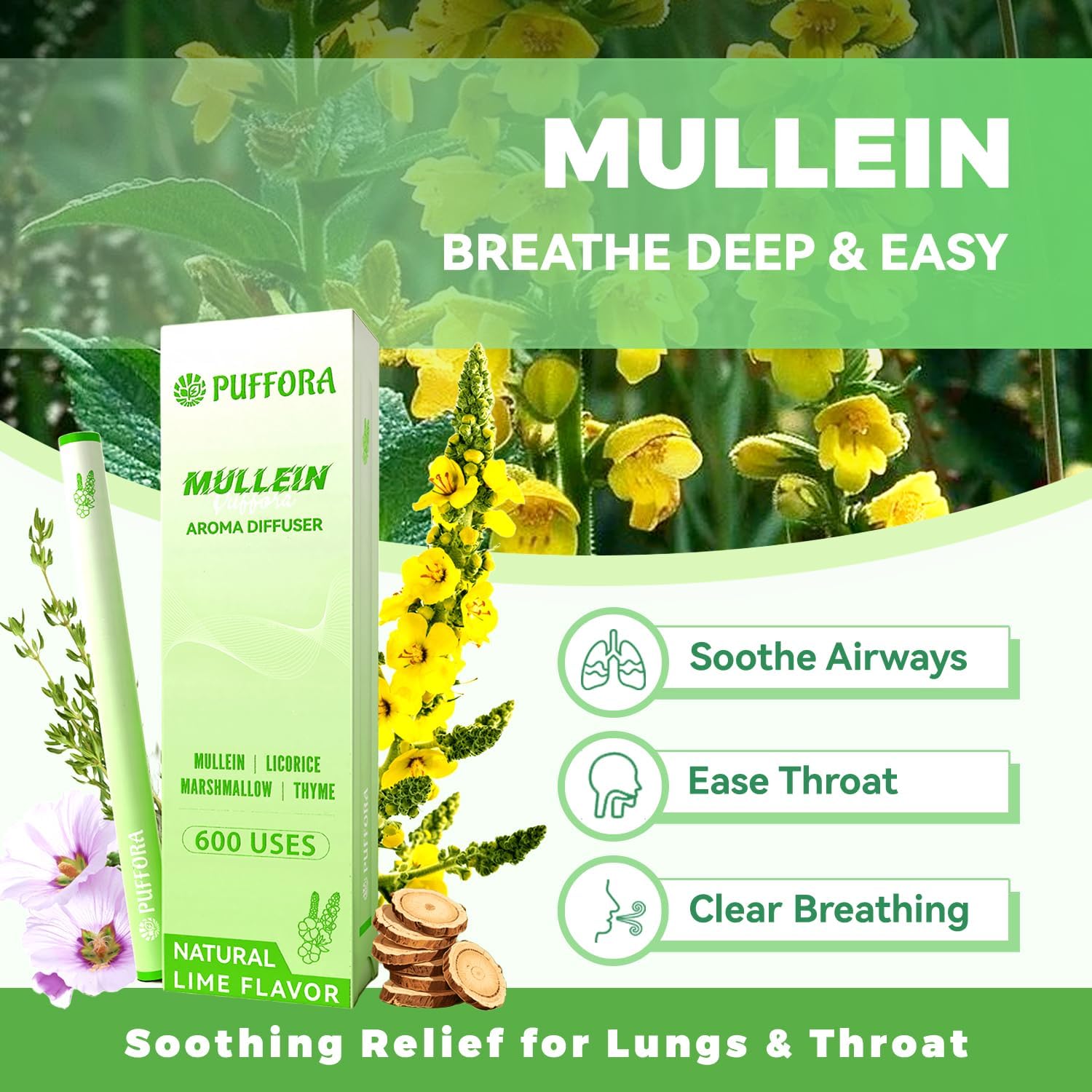 Herbal Diffuser Pen, Supports Lung Rest & Wellness, Breathing and Oral Air Freshening, Plant Based-Mullein, Licorice Root, Marshmallow Root, Thyme Leaf, Mint Oil, Natural Alternative - 600 Uses