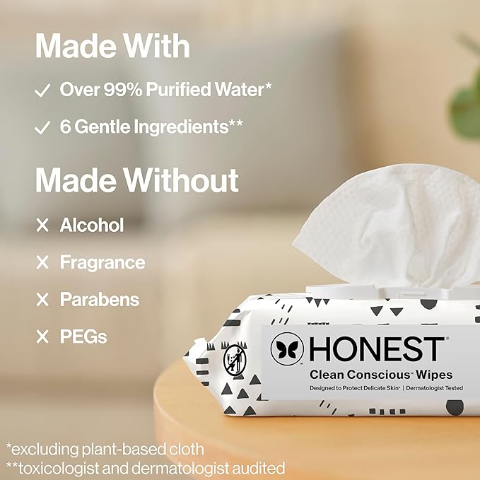 The Honest Company Clean Conscious Multi-Use Wipes Unscented Hypoallergenic Baby for Sensitive Skin 99% Water Plant-Based Compostable Pattern Play 720 Count