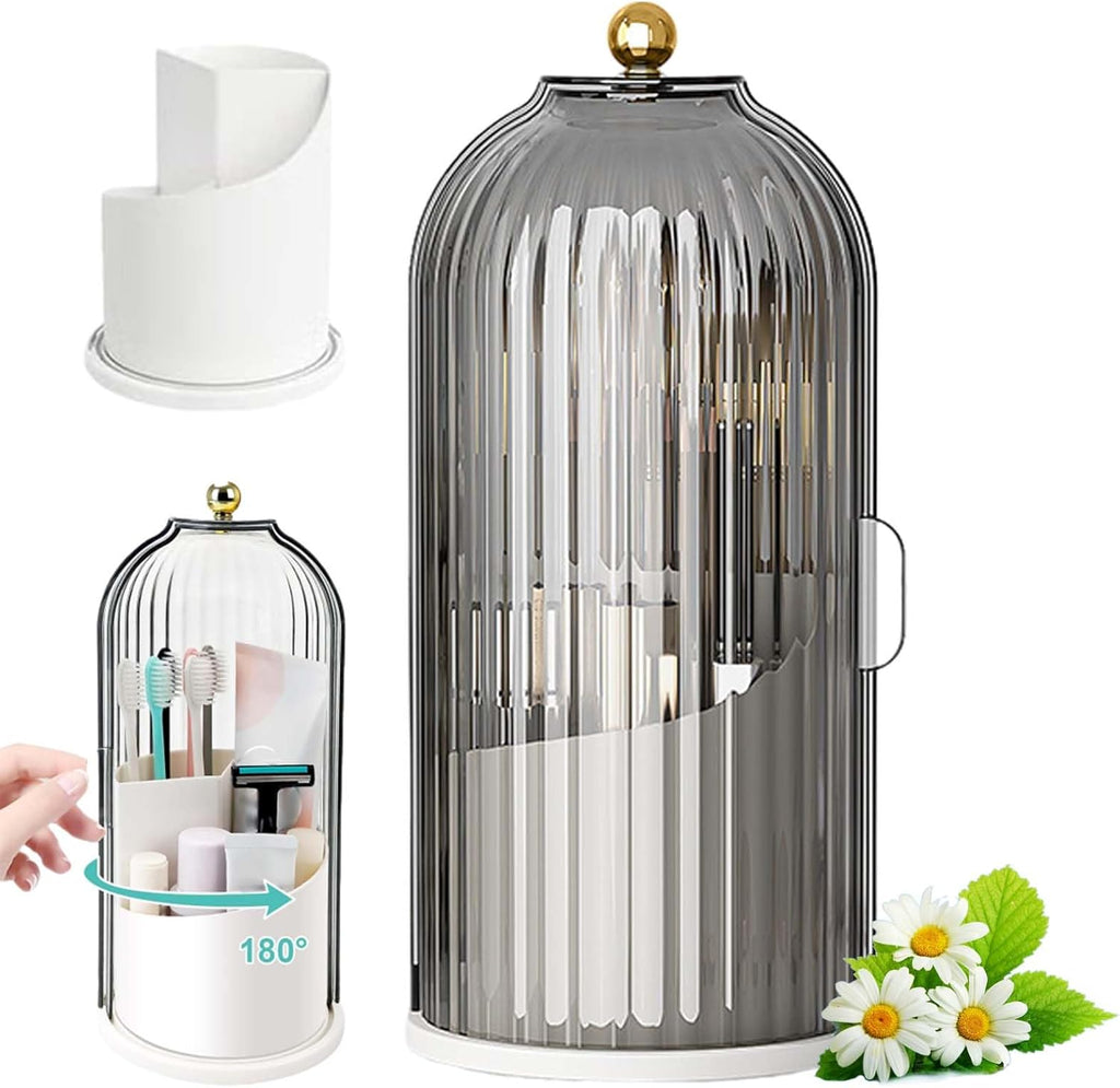 Sliding Lid Toothbrush Organizer, Toothbrush Holders with Sliding Lid, 360° Rotating Dustproof Concealed Toothbrush Holder, 3-Slot Varying Heights, Ideal for Bathroom, Makeup & Travel (Black)