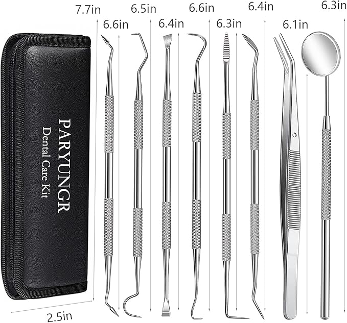 8 Pack Dental Tools PARYUNGR Teeth Cleaning Tool Kit, Stainless Steel Scraper Plaque Tartar Remover Tooth Cleaner Dental Floss Picks, Professional Oral Care Hygiene Set for Personal Pet Use with Case