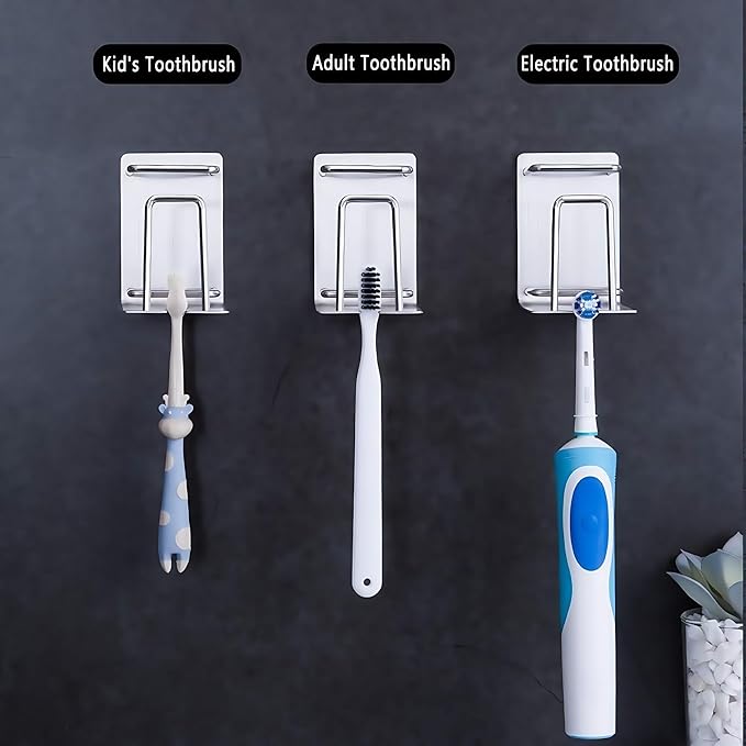 HANZE 2 Pack Toothbrush Holder 304 Stainless Steel Adhesive Wall Mounted 3 in 1 with Toothbrush Holder Toothpaste Holder and Cup Holder for Bathroom Shower