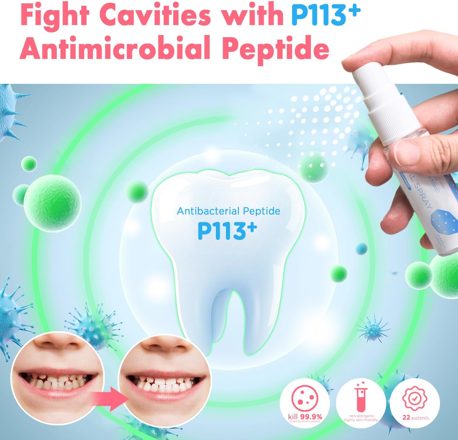 Mouth Spray for Kids Toddler Toothpaste Helper Fluoride Free Baby Toothpaste Cavity Protection Oral Care with Natural P113+ Antibacterial Peptide for Newborns to Age 6 (Grape&Strawberry)