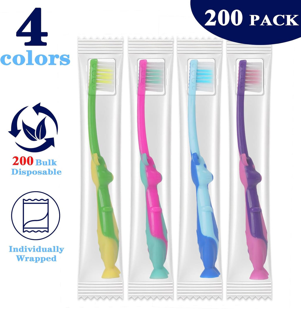 200 Pack Kids Toothbrush Bulk Soft Bristles Toddler Cute Toothbrush with Suction Cup, Includes Travel Covers, Individually Wrapped Toothbrushes for Kid Home School Daycare Camp (Kangaroo)