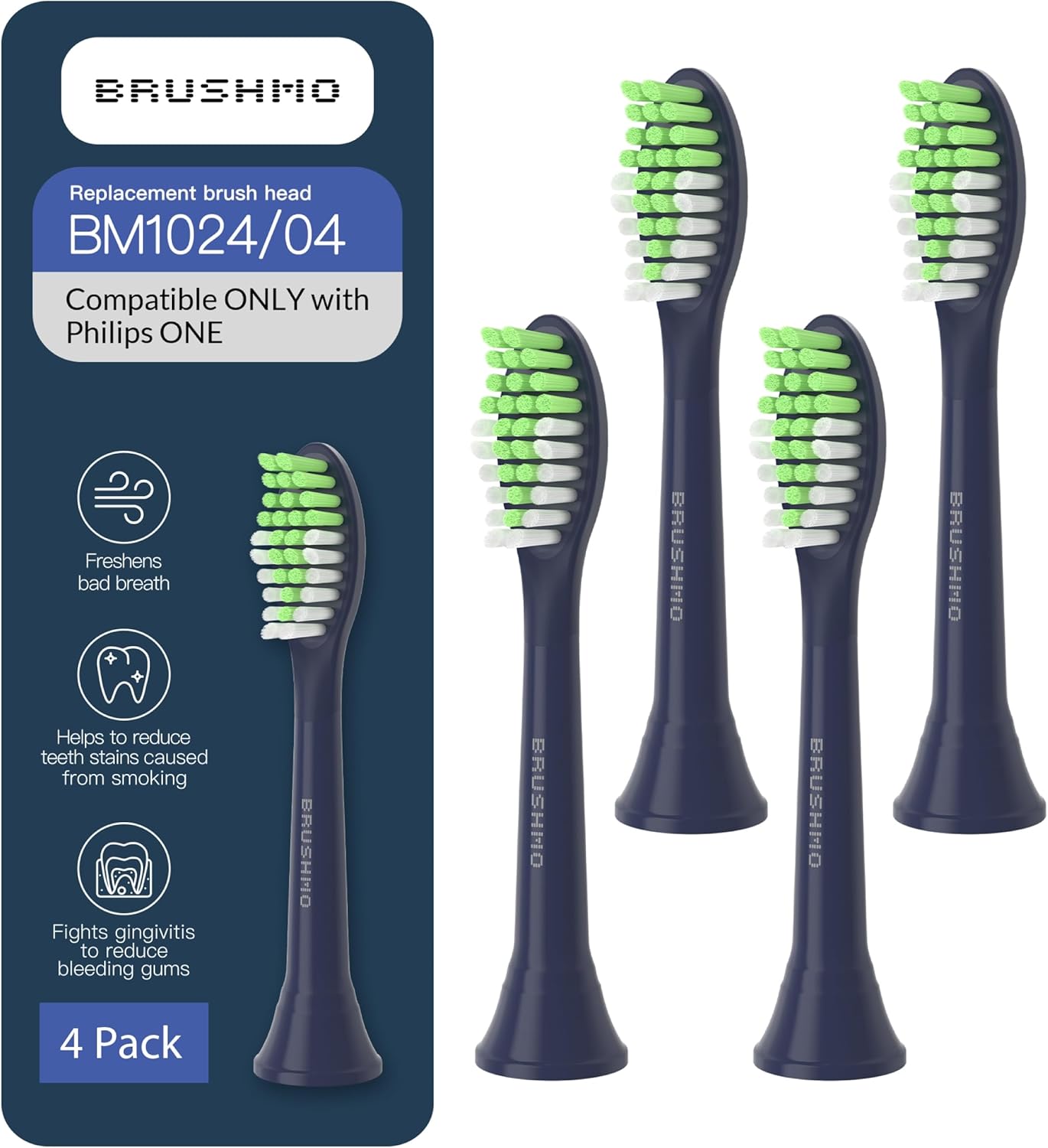 Brushmo Replacement Toothbrush Heads, Compatible with Philips One for Sonicare Electric Toothbrush Handles HY1022, 4 Standard Heads with Tongue Cleaner, Soft DuPont Bristles, BM124m Midnight Navy Blue