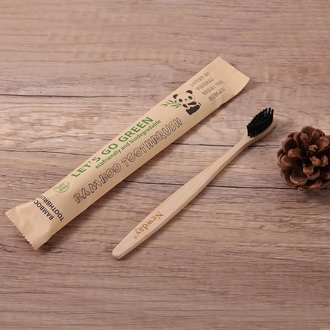 Newday 100 Pack Bamboo Toothbrushes Bulk, Individually Wrapped, BPA Free Soft Bristles Toothbrush, Recycled Packaging, Biodegradable ECO Friendly Toothbrushes for Home Hotel Travel (Black)
