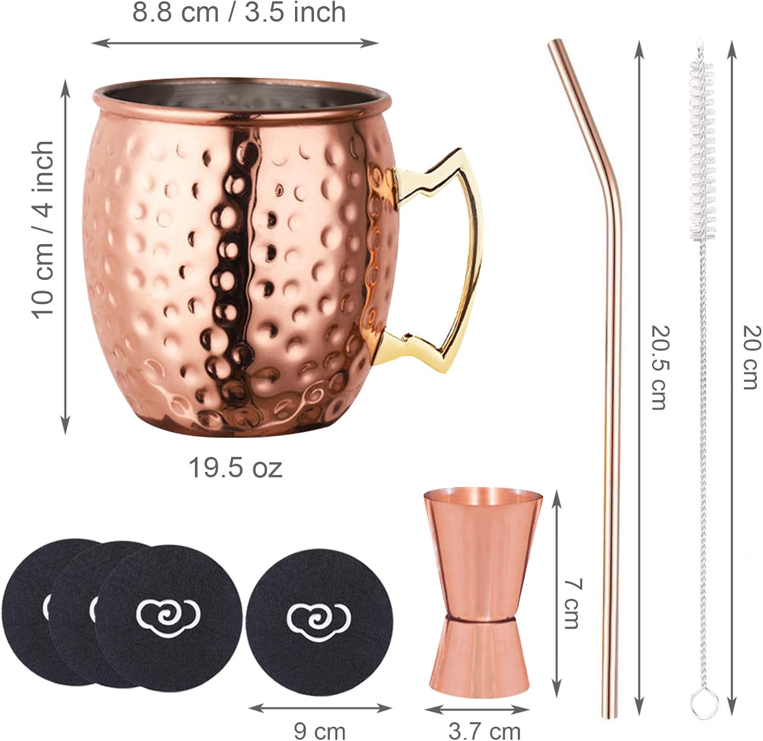 Moscow Mule Copper Mugs Set of 4, Copper Cups with Straws, Jigger, Coasters, Straw Brush for Party, Bar, Stainless Steel Lining, 19.5oz Gifts Set
