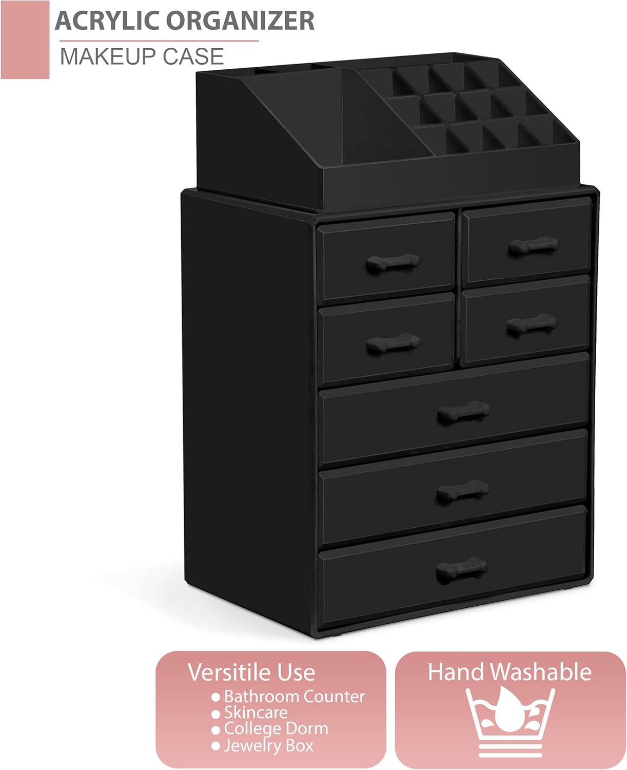 Sorbus Makeup Organizer, Brush Holder and Make Up Storage Drawers - Acrylic Makeup organizer for vanity, Bathroom - Cosmetic Display Cases with 3 large, 4 Small Drawers & 1 Tray for Makeup Brush