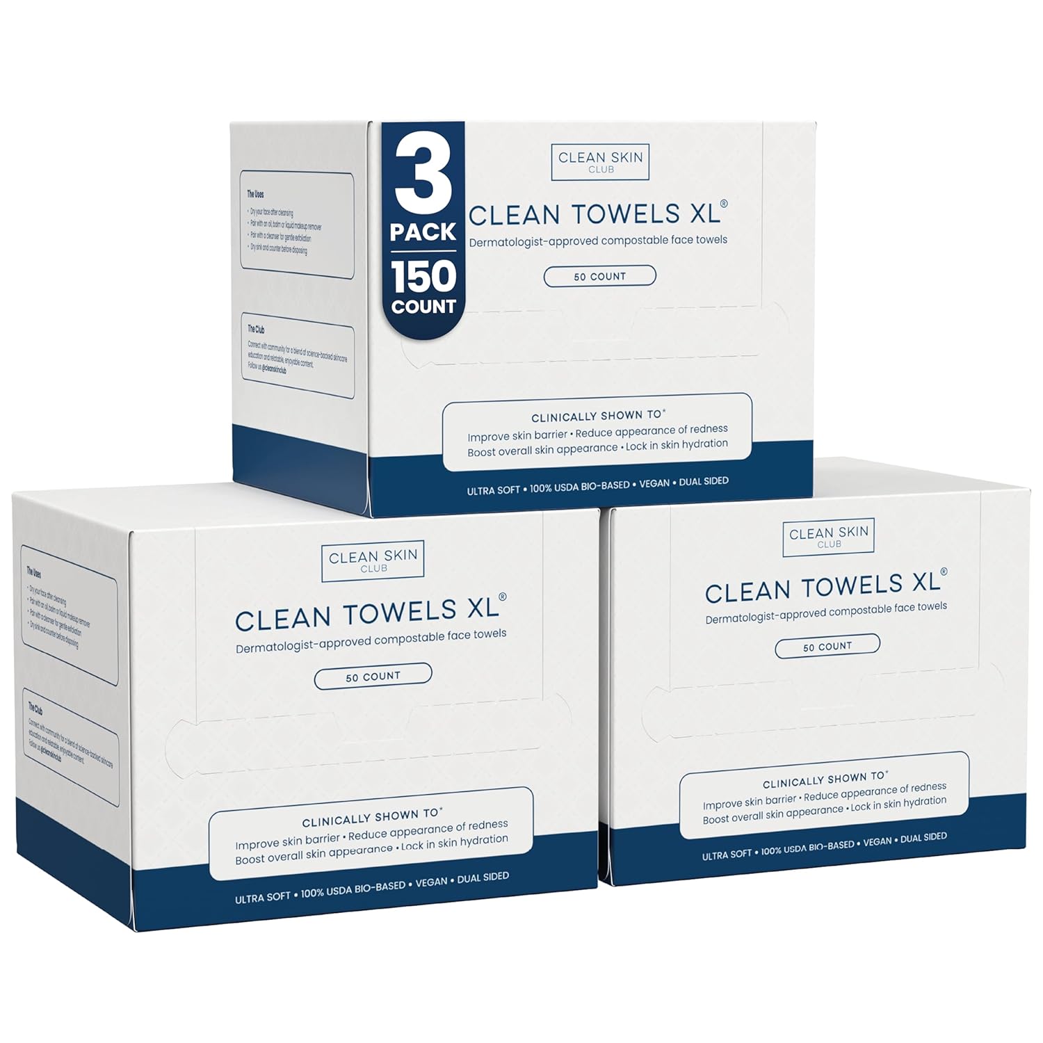 Clean Skin Club Clean Towels XL®, 100% USDA Biobased Face Towel, Disposable Face Towelette, Eczema Association Accepted, Makeup Remover Dry Wipes, Ultra Soft, 50 ct per pack, 3 Packs, 150 Ct Total