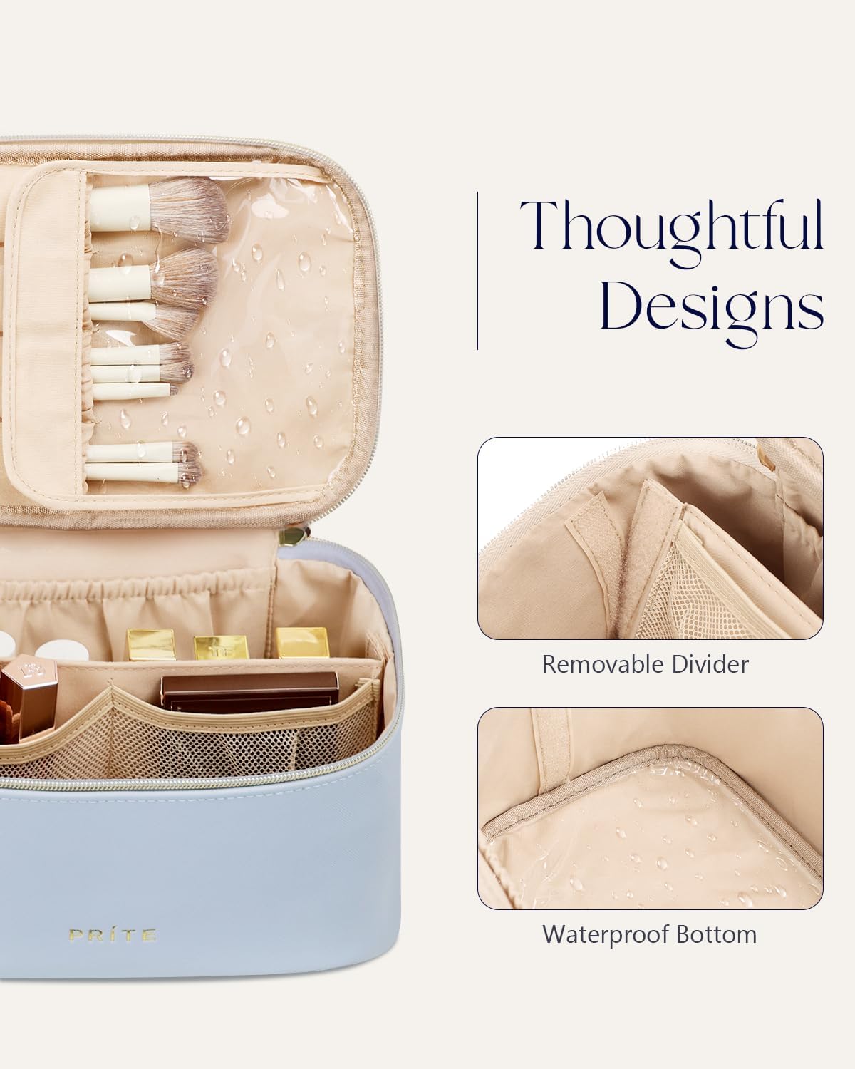 Prite Makeup Bag Portable Cosmetic Organizer with Brush Holder Waterproof Travel Toiletry Bag for Women with Handle and Divider (Blue)