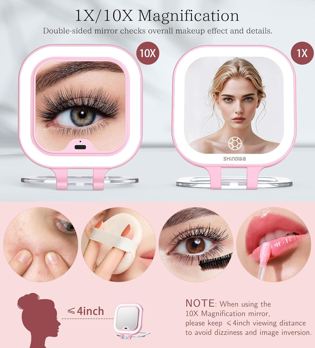 Shinowa Rechargeable Travel Makeup Mirror with 44 LED Lights, 1X/10X Magnifying Vanity Mirror with 3 Color Light, Folding Stand, 4 Inch Portable Dimmable Double Sided Compact Lighted Mirror, Pink