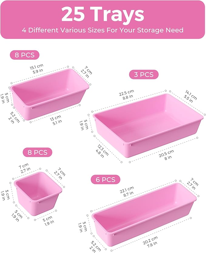 25 PCS Plastic Drawer Organizers Set, 4-Sizes Vanity and Makeup Organizer, Desk and bathroom Drawer Organizer Trays, Organizers and Storage for Makeup, Jewelry, Gadgets, Utensils(Light Purple)