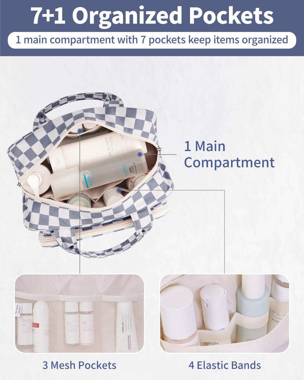 Narwey Large Travel Toiletry Bag for Traveling Women, Cosmetic Makeup Bag Make Up Organizer, Checkered Travel Bag for Toiletries with Handle (Grayish Blue Checkerboard)