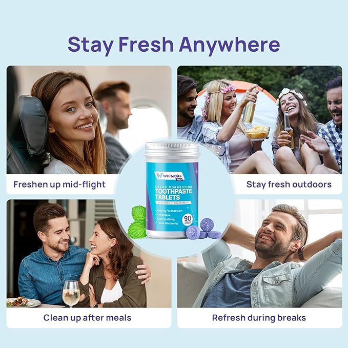 Whitebite Pro Color Correcting Toothpaste Tablets with Nano Hydroxyapatite | Fresh Breath & Natural Whitening | Travel-Friendly Toothpaste & Mouthwash | Fluoride and Plastic-Free (Peppermint)