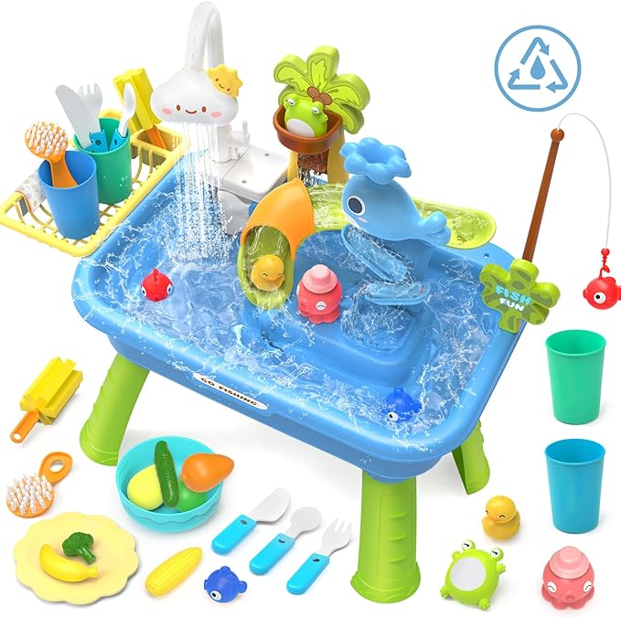21" H Play Sink with Running Water, 4-in-1 Kids Kitchen Sink Toy with Electric Faucet, Mini Water Table with Detachable Legs, Fishing Game, Pretend Play Dishwasher Gift Set for Boys & Girls(Blue)
