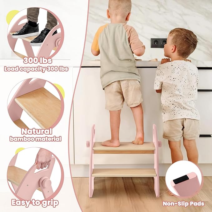 Wooden Step Stool, Two Step Stools, 300 lb. Load Capacity, with Safety Non-Slip Pads and Handles, Bamboo Step Stool for Bathroom and Kitchen, Children's Double Height Step Stools(Pink)