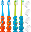 Trueocity Kids Toothbrush 4 Pack - Soft Contoured Bristles - Child Sized Brush Heads (3-10 Year Old) - Suction Cup for Fun & Easy Storage - Girl & Boy Set (Blue & Orange)
