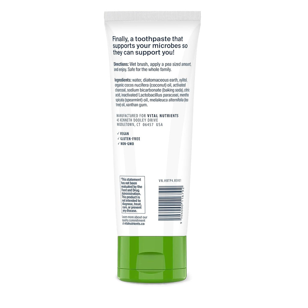 Vital Nutrients Hyperbiotics Activated Charcoal Probiotic Toothpaste | Fluoride Free Toothpaste with Oral Probiotics | Supports Healthy Mouth Flora, Fresher Breath, Teeth Whitening* | Vegan | 4 oz