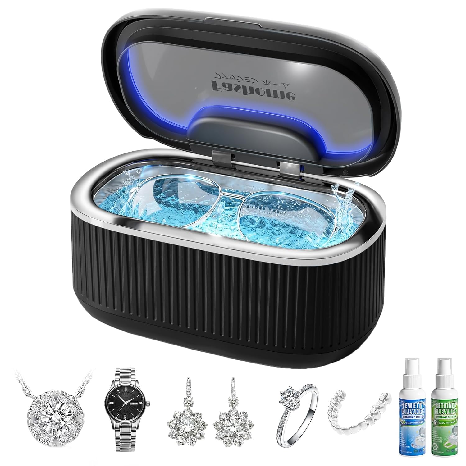 Ultrasonic Cleaner Set with Basket & Light, 304 Stainless Steel Tank, Includes 2×100ml Cleaning Solutions for Silver, Gold, Diamond Rings, Retainers, Glasses, Dentures & Watches