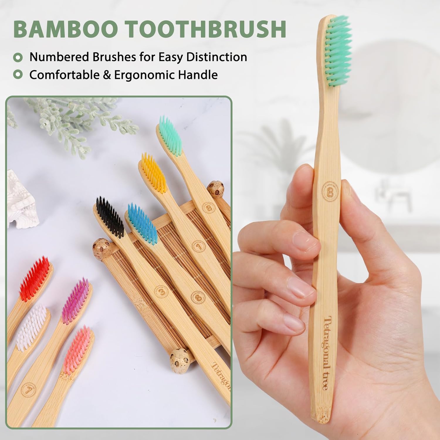8 Count Bamboo Toothbrushes - BPA Free Soft Bristles Natural Toothbrush Set - Biodegradable & Compostable Eco-Friendly Wooden Toothbrush