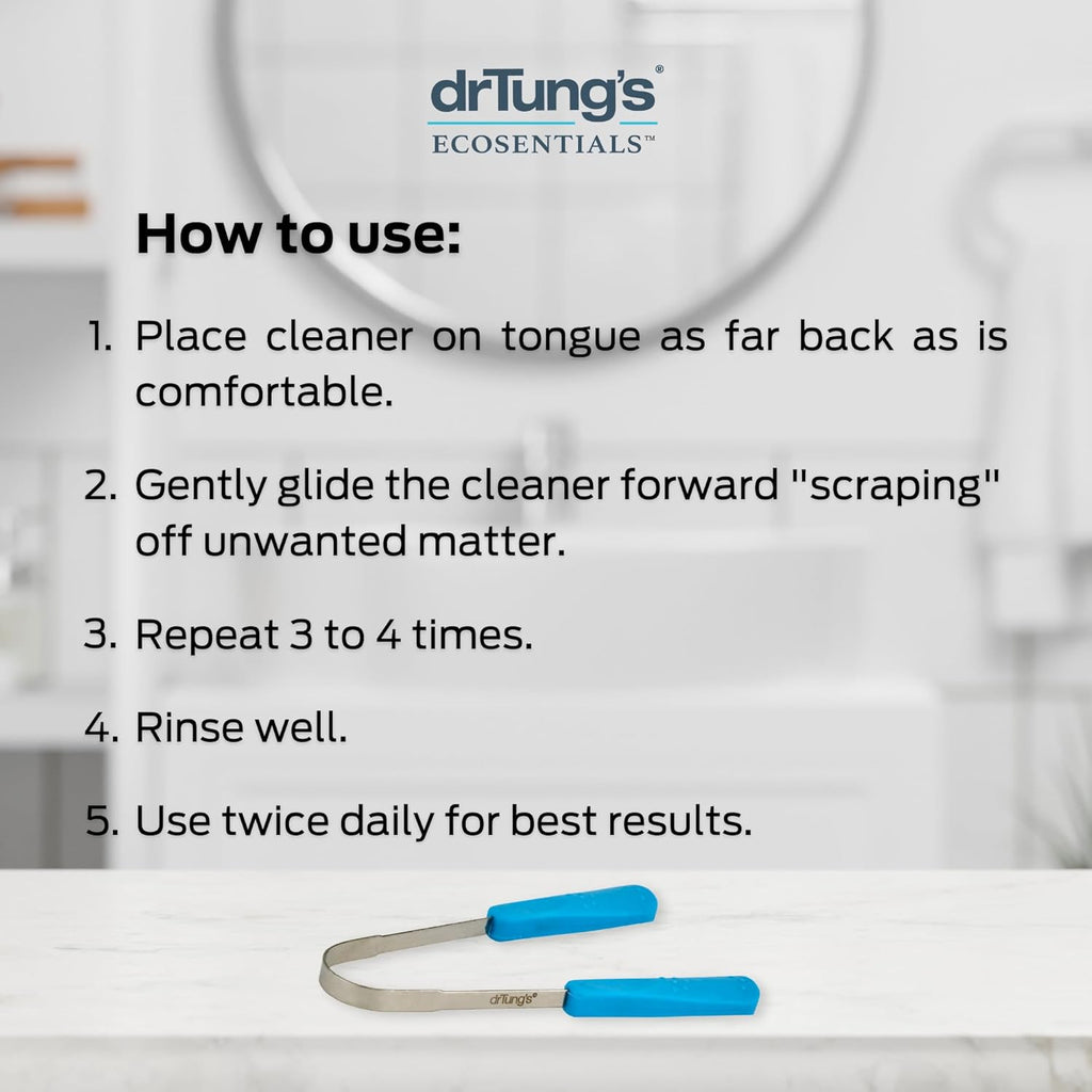 DrTung’s Stainless Tongue Scraper - Tongue Cleaner for Adults, Kids, Helps Freshens Breath, Easy to Use Comfort Grip Handle, Comes with Fabric Travel Pouch - Stainless Steel Tongue Scrapers, (1 Count)