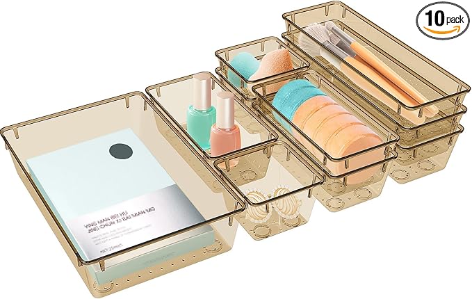10 PCS Drawer Organizer Set, 5 Varied Size Bathroom and kitchen Drawer cabinet organizer Trays, Clear Storage Bins for Makeup, Jewelry, Utensils and Gadgets, Champagne