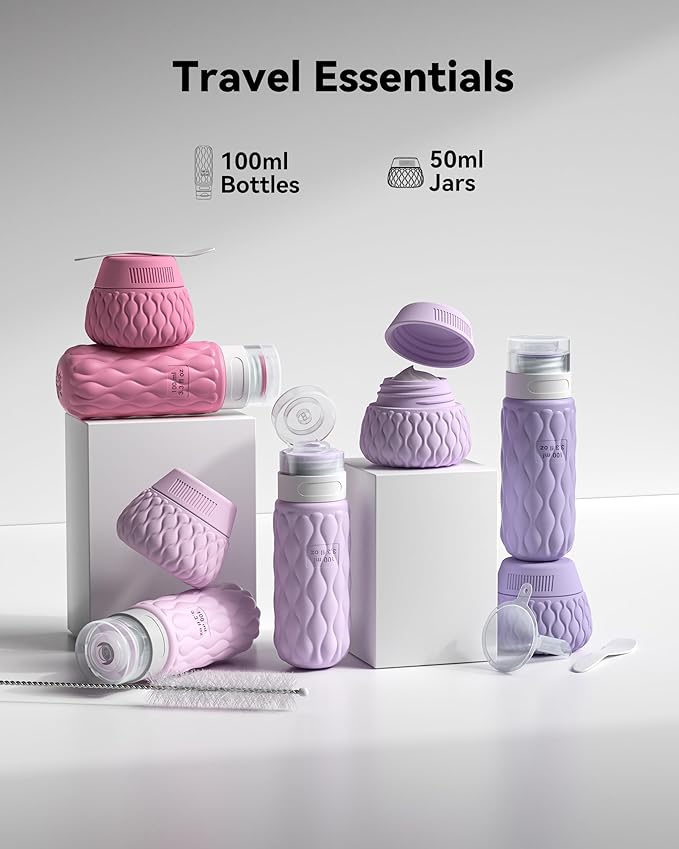 Silicone Travel Bottles for Toiletries 8 Pack Travel Size Toiletries 3.4 oz 1.7 oz, Leakproof Squeeze Travel Size Containers Refillable Cosmetic Jars Set for Shampoo, Conditioner, Creams