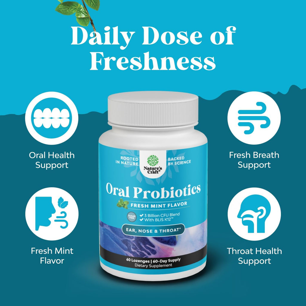 Oral Probiotics for Teeth and Gums - Minty Fresh BLIS K12 Oral Probiotics for Mouth Bad Breath Dry Mouth and Dental Health Support with 3 Billion CFU - Chewable Xylitol Lozenges Mint Flavor (60 Count)