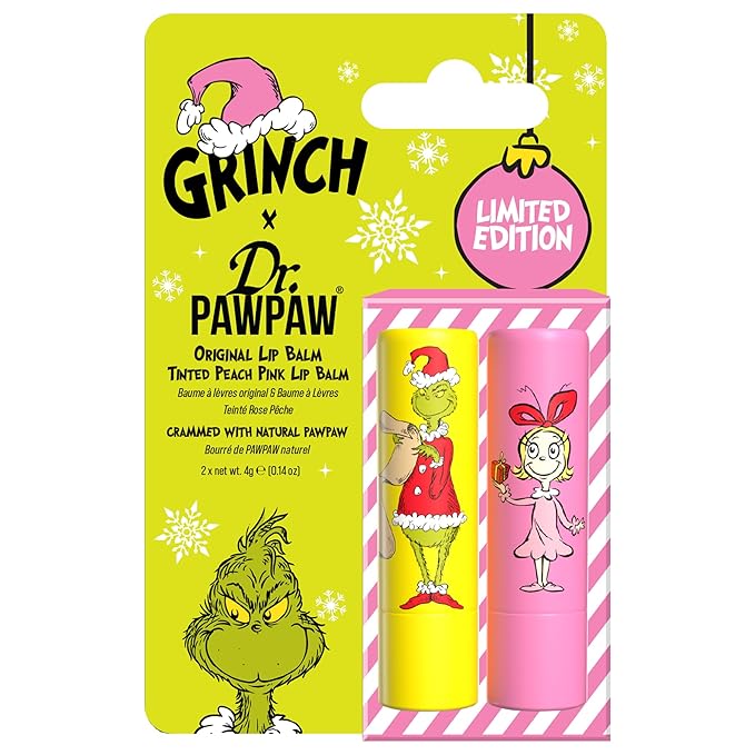 Dr. PawPaw The Grinch Set - Peach Pink and Original - Natural Lip Balm with Aloe Vera - Gluten Free Lip Moisturizer to Soften and Hydrate - 2 pc