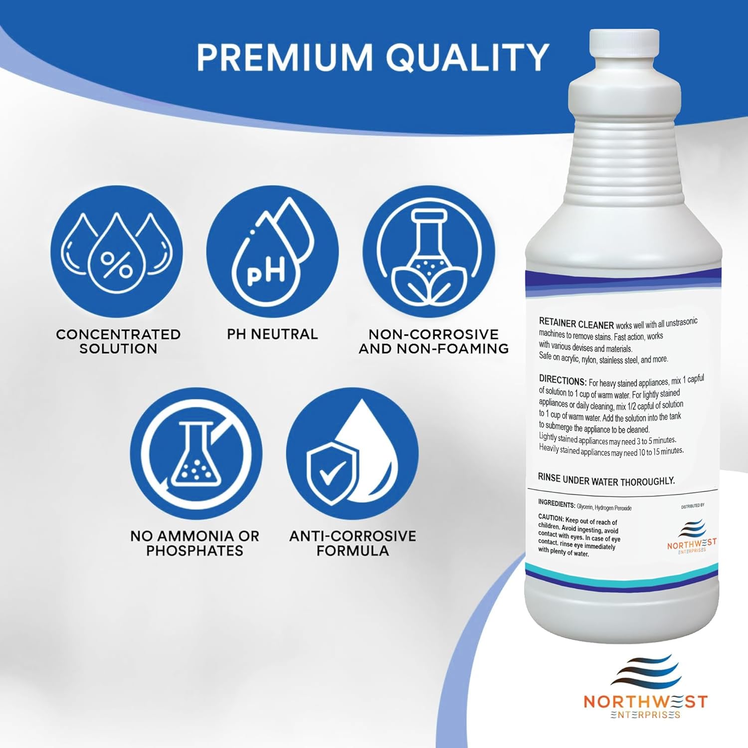 NORTHWEST ENTERPRISES Ultrasonic Retainer Cleaner Solution Concentrate - Denture Cleaner for Ultrasonic Machines - Cleans Mouthguards, Invisalign and Nightguards - Odor, Stain & Discoloration Remover