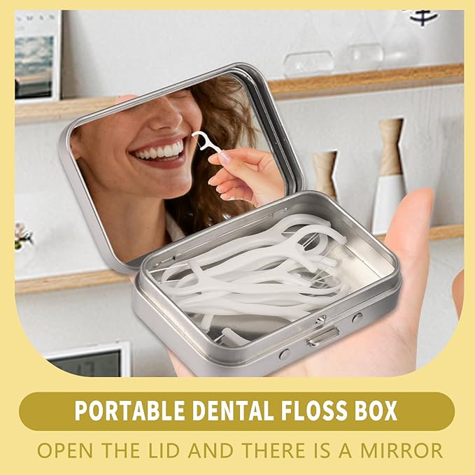 2Pack Bling Dental Floss Cases, Portable & Refillable Floss Pick Holders with Mirror, Gum Container Metal Tin Box Case for Q-tip,Cotton Swab (Silver)