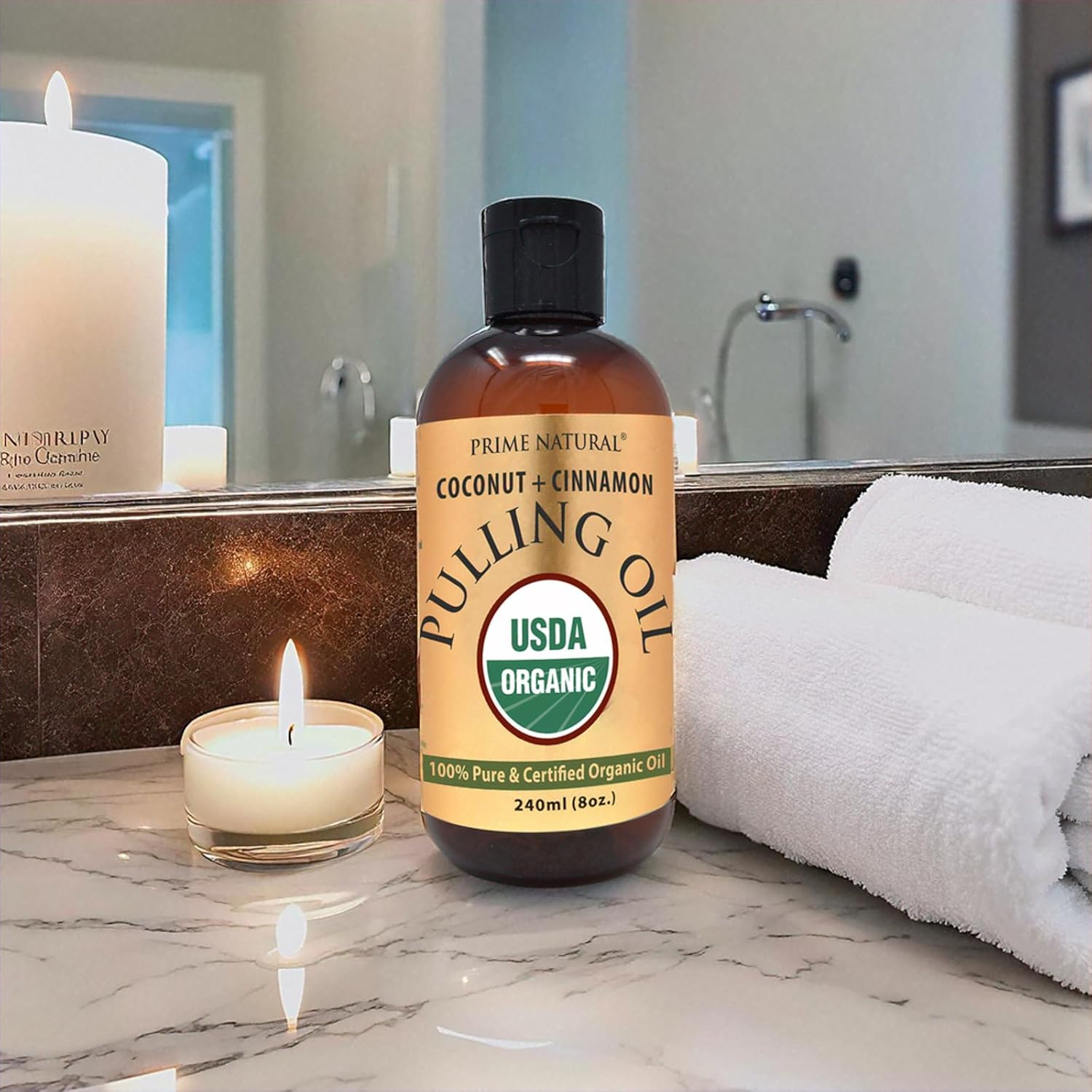 PRIME NATURAL Oil Pulling with Organic Coconut & Organic Cinnamon Bark Oil 8oz - Natural Oral Care & Teeth Whitening - Alcohol Free Mouthwash Freshens Breath, Healthier Teeth & Gums