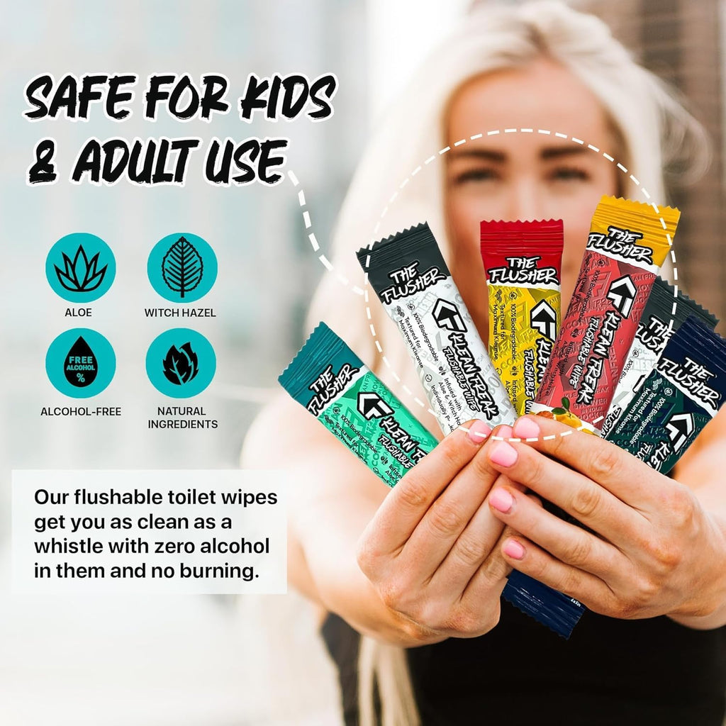 THE KLEAN FREAK FLUSHER - Flushable Wipes For Adults & Kids - 100% BIODEGRADABLE Individual Wrapped Travel WET Wipe for Toilet - Soothing Aloe & Witch Hazel - Alcohol Free 20 Pack - Spearmint Rush