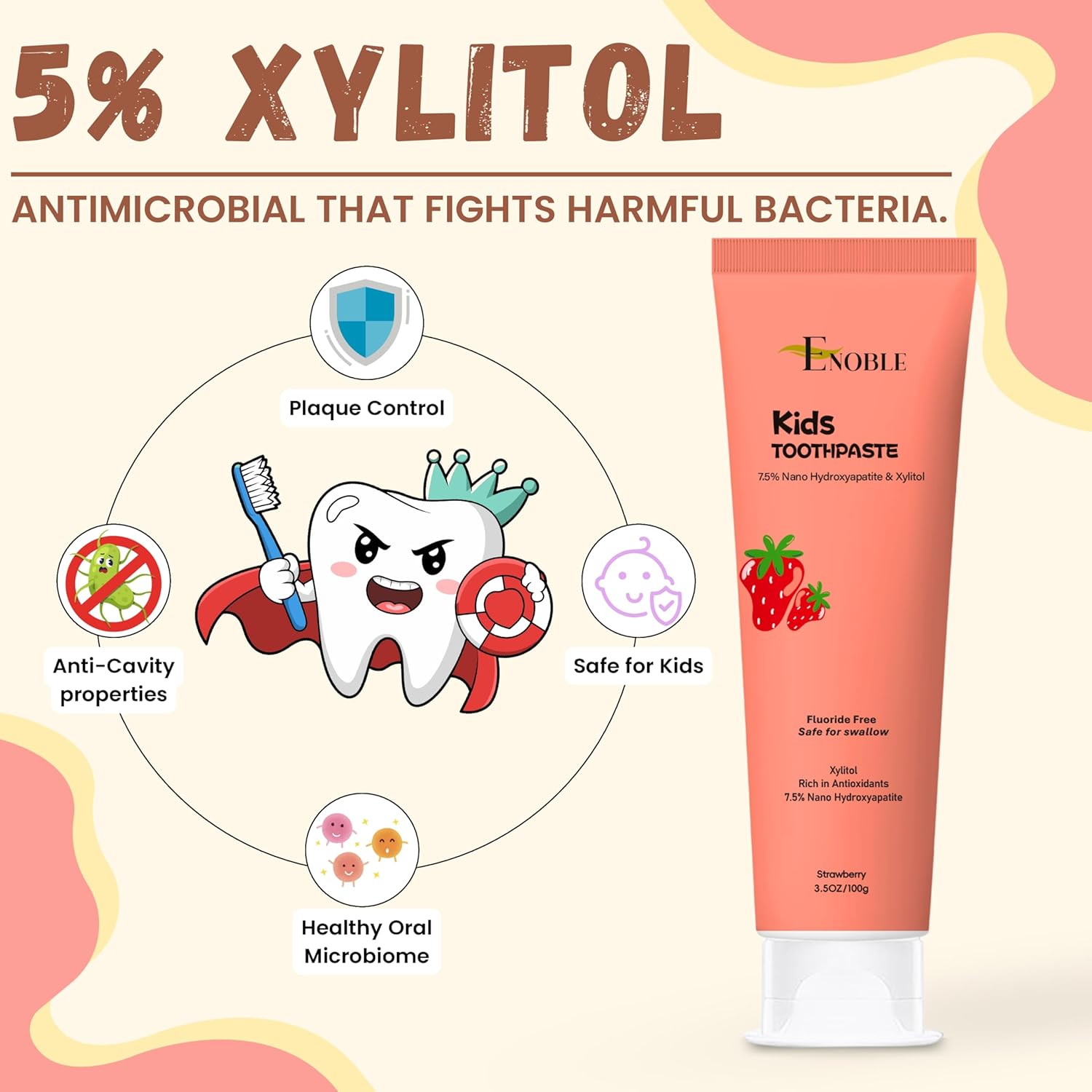 Enoble Kids Toothpaste | Natural Whitening Fluoride-Free Toothpaste for Kids & Adults | 7.5% Nano-Hydroxyapatite, 5% Xylitol, Green Tea & Aloe Vera | Strawberry | Safe if Swallowed | 3.5 oz, Pack of 1