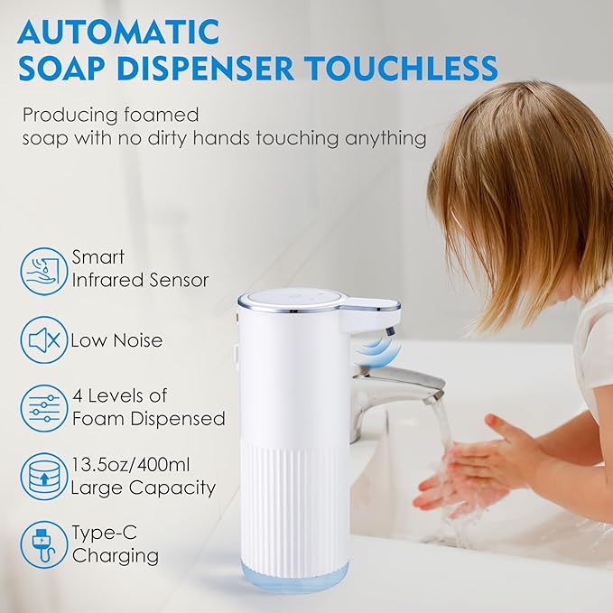 2 Pack Automatic Soap Dispenser Touchless, Rechargeable Foaming Hand Soap Dispenser, 4-Level Adjustable Foam for Bathroom Countertop, Electric (White)