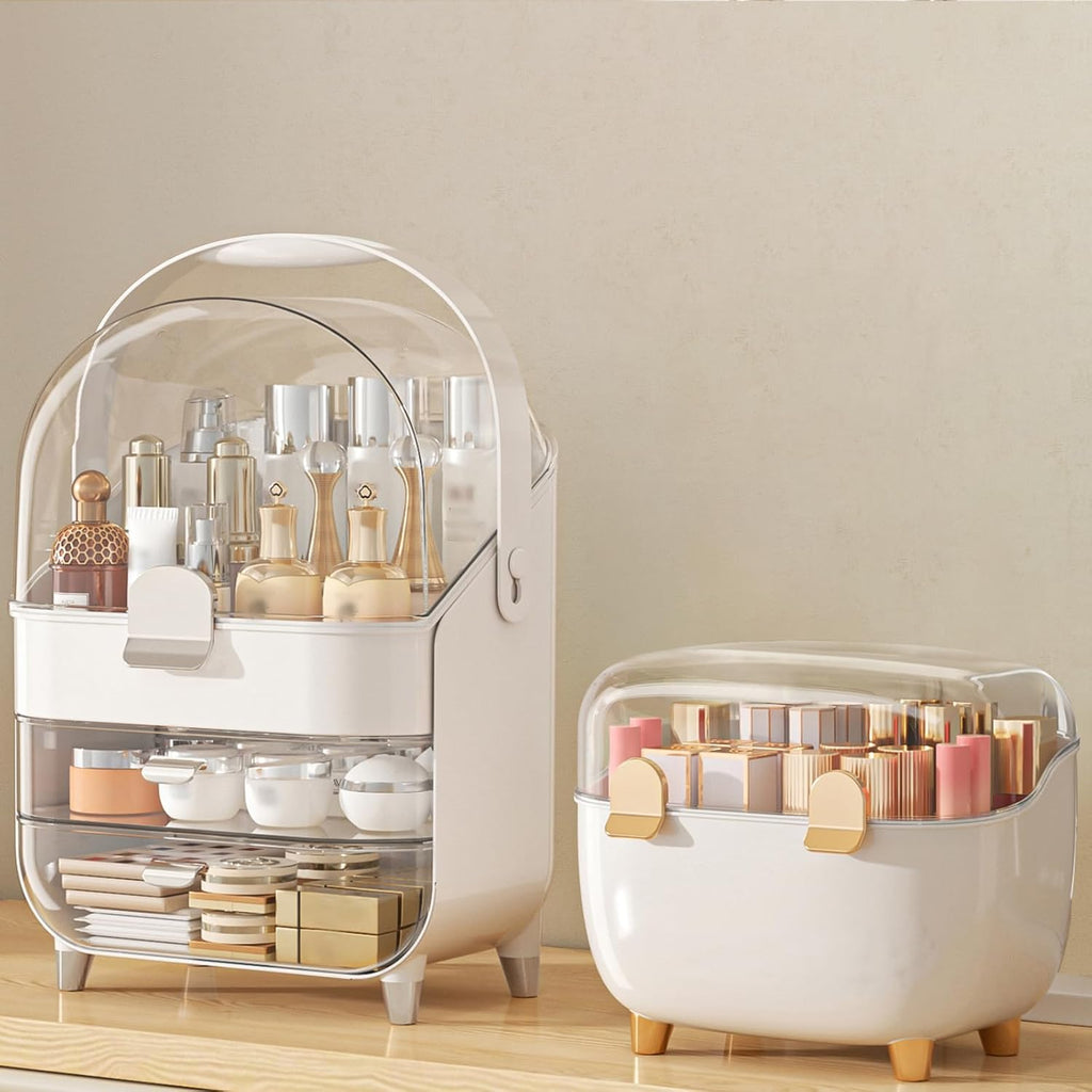 Makeup Organizer with Lipstick Holder, Skincare Organizers Storage Box Cosmetic Display Cases, Teen Girl Gifts Make up Organizers for Vanity, Dresser, Countertop, Bathroom(Silver)