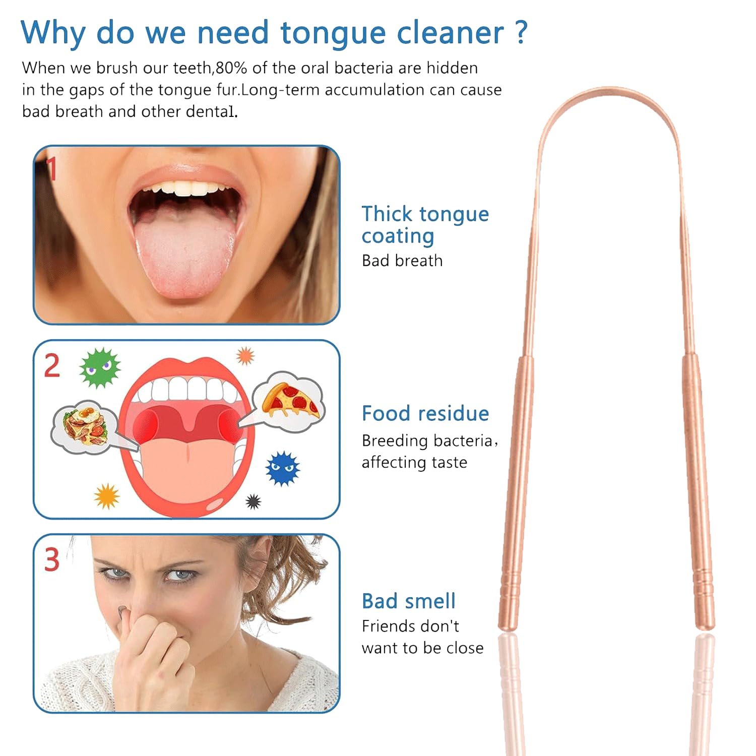Copper Tongue Scraper (2 Pack), Tongue Cleaner for Reduce Bad Breath, Tongue Scrapers for Adults & Kids, 100% Copper Metal Tongue Scrubber Set for Oral Care & Easy to Use (long-handle)