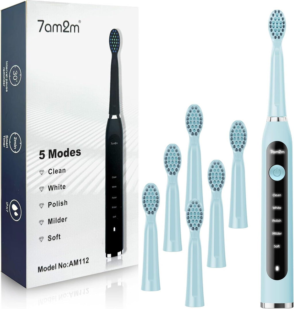 7AM2M Sonic Electric Toothbrush for Adults High Power Rechargeable Toothbrushes with 6 Brush Heads,5 Adjustable Modes, Built-in 2-Minute Smart Timer,3 Hours Fast Charge for 45Days Blue