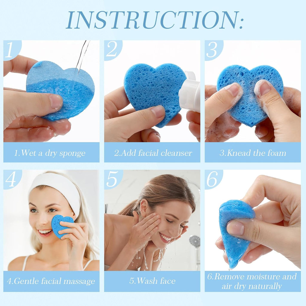 Sieral 120 Pcs Compressed Facial Sponges with Container Disposable Face Sponge Pads for Washing Face Cleansing Exfoliating Esthetician Makeup Removal(Heart,Blue, Light Blue, White)